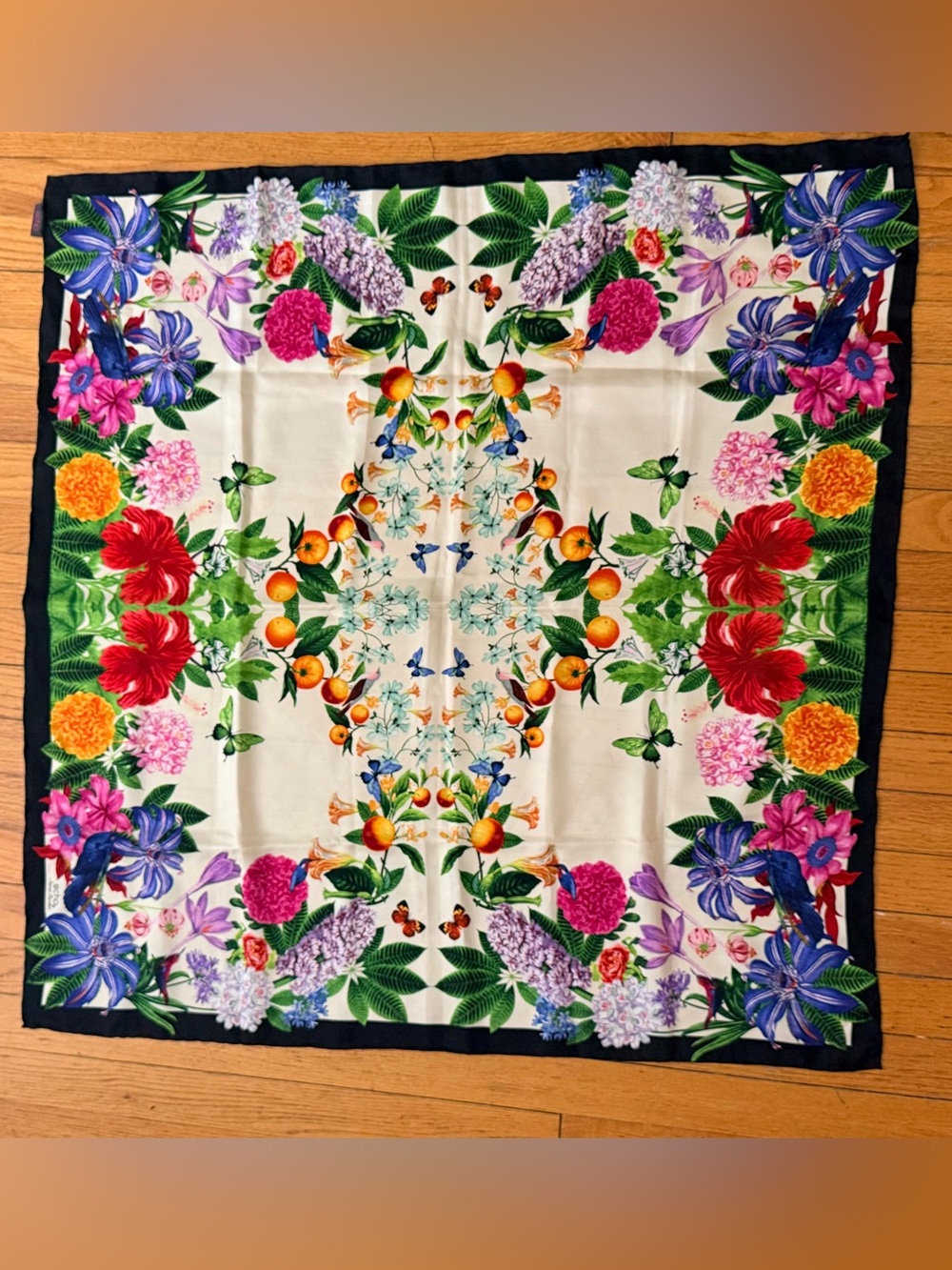 Gorgeous Floral & Citrus Garden Silk scarf- Multicolor 34” sq